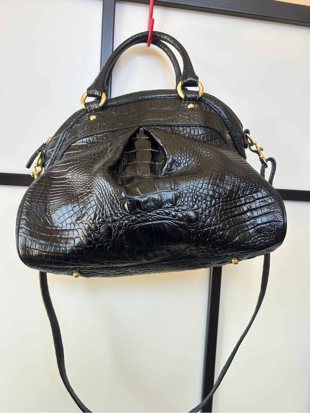 Brahmin Black Croc-Embossed Leather Satchel with Gold Hardware